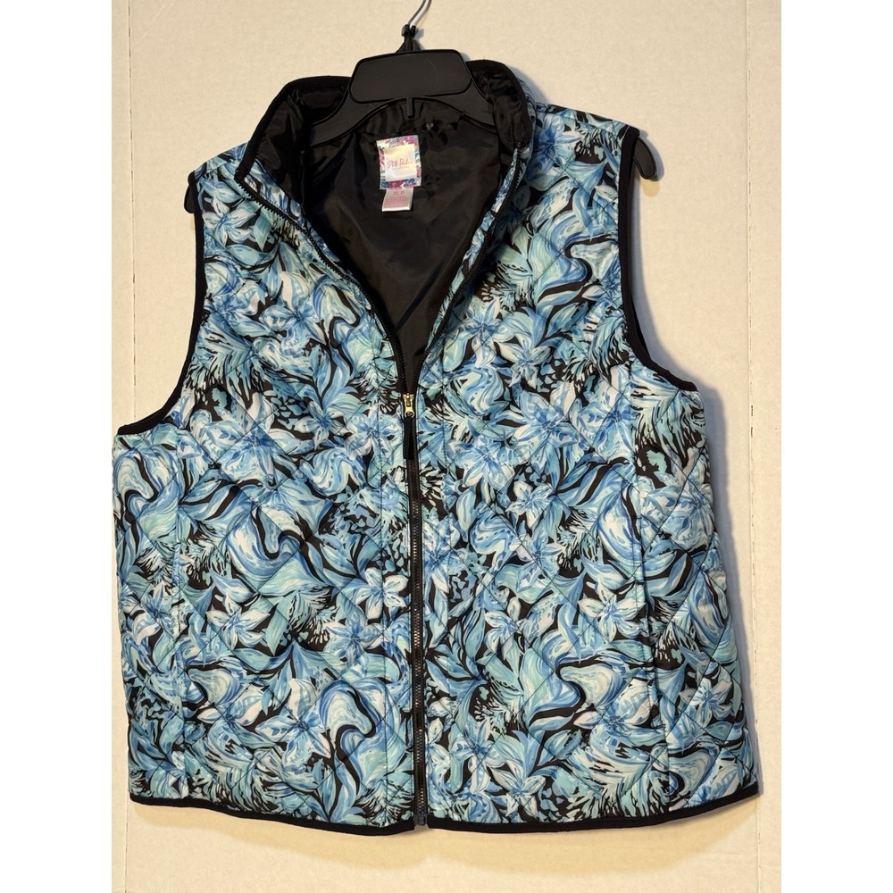STELLA PARKER ISLAND BLUE FLORAL QUILTED VEST: NEW WITHOUT TAGS: Petite XLarge